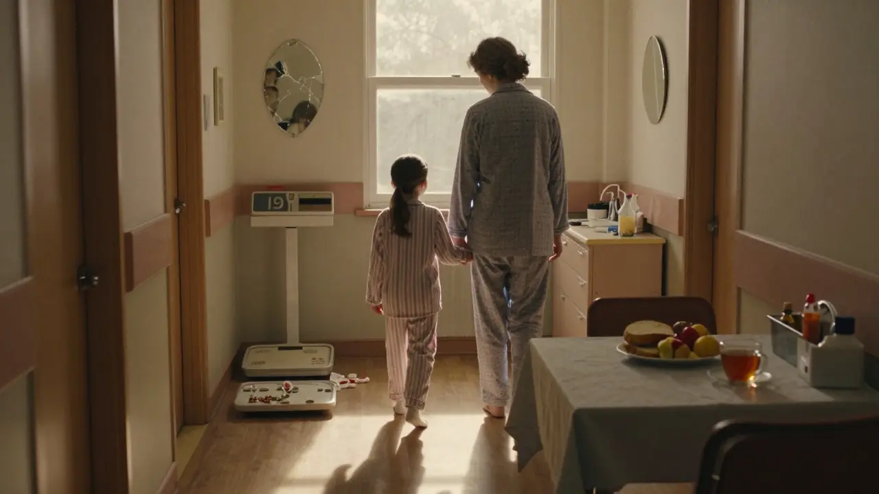 Dívka s matkou jdoucí k slunci v nemocniční chodbě, za nimi zbytky anorexie, vpředu teplý snídaněvý stůl.