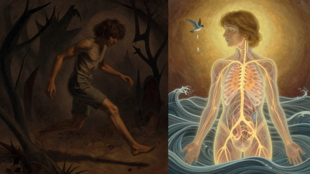 Dvojí scéna: člověk ztuhlý v traumatu a stejný člověk uvolněný, s viditelnou nervovou cestou, která ho přeměňuje.