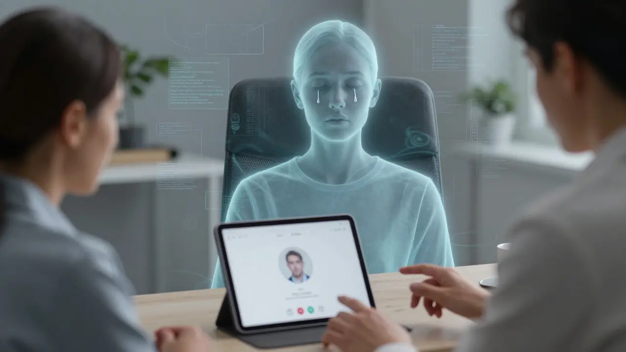 Klient v online terapii s zamrzlou obrazovkou, zatímco jeho vnitřní verze klidně přemýšlí ve stínu digitálního hluku.