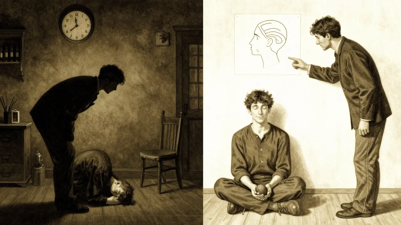 Kontrast mezi tradiční a trauma-informed terapií: jeden stranou strach, druhou stranou klid a kontrolu.