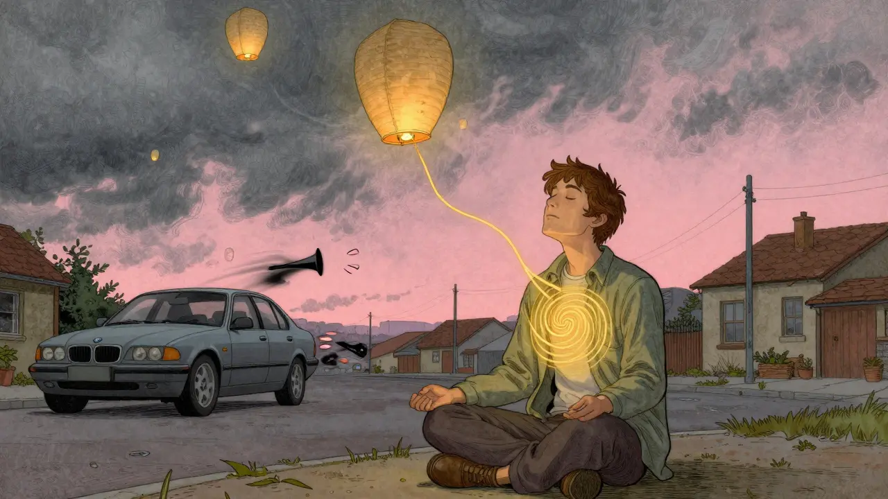 Osoba dýchá klidně, kolem ní se nebezpečné spouštěče mění v bezpečné, plavoucí světélka.