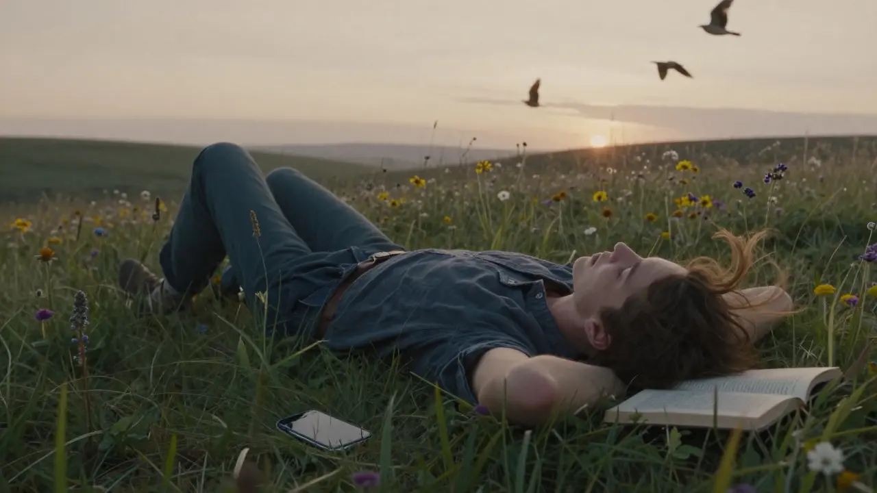 Osoba leží na trávě v ranním světle, kniha a vypnutý telefon vedle ní, ptáci létají nad ní.