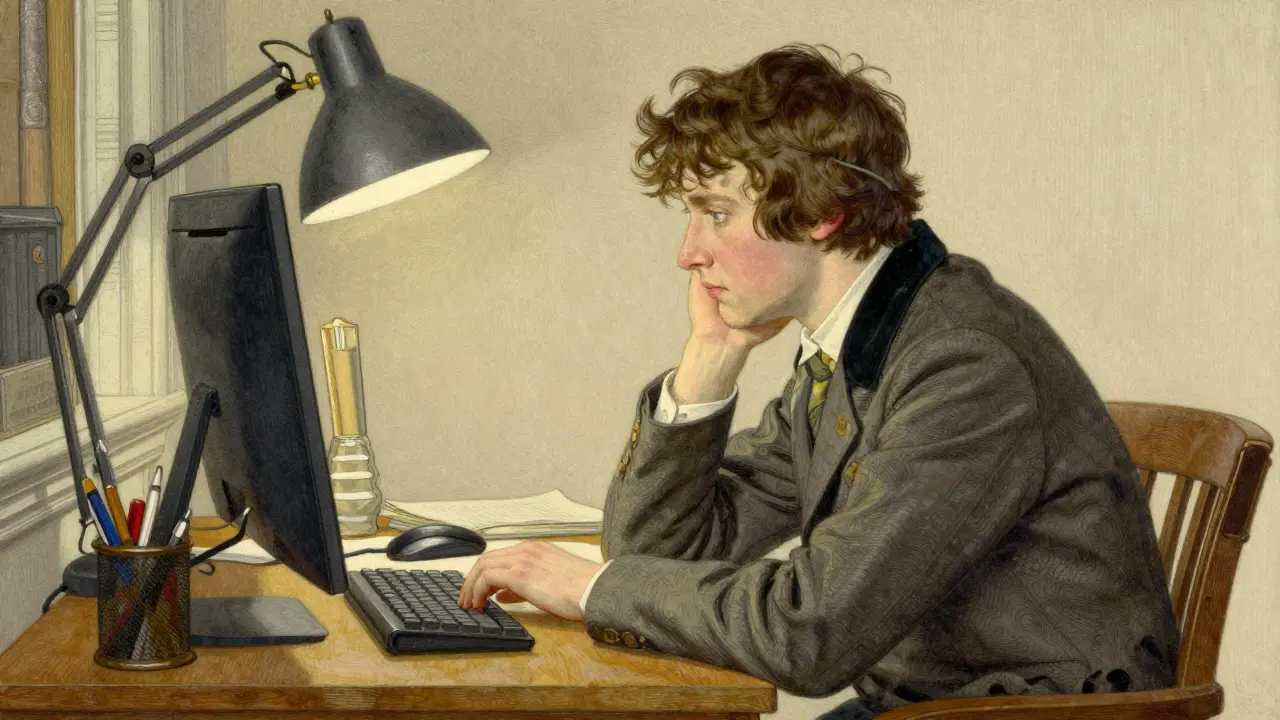 Osoba upozorňující na rozptýlení a vracející pozornost u stolu.