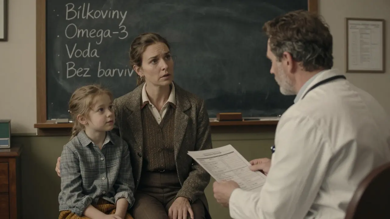 Rodič a dítě konzultují lékaře, za nimi tabule s doporučeními pro výživu při ADHD.