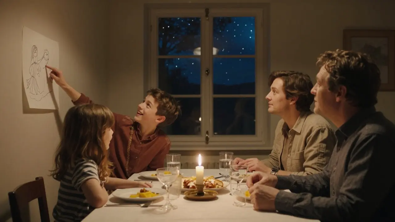 Rodina spolu v klidu večeří u svíčky, bez telefonů, dítě ukazuje na kresbu, rodiče poslouchají.