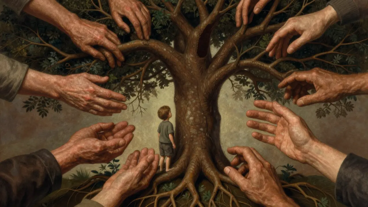 Rodinný strom s rukama jako větvemi: některé podporují, jiné ovládají, jedna větev je prázdná.