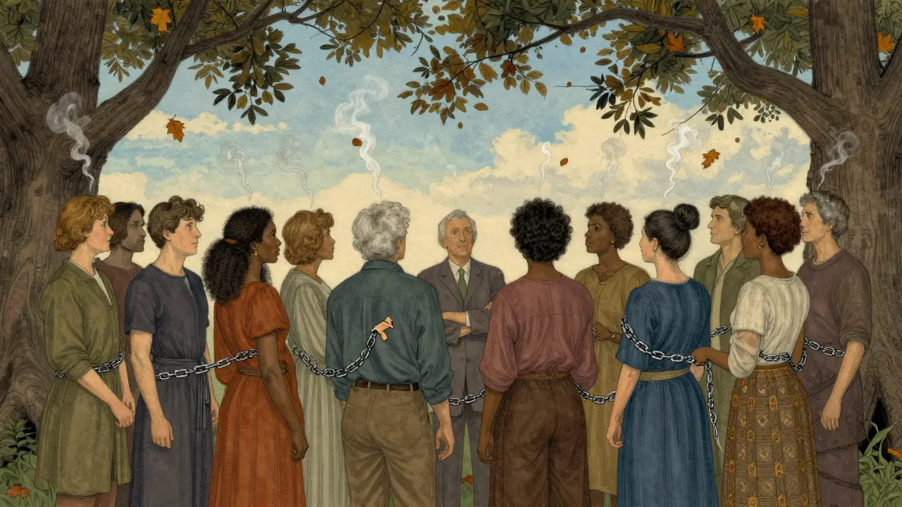 Různí lidé v kruhu, kteří uvolňují řetězy trauma pod stromem, symbolizující zotavení a svobodu.