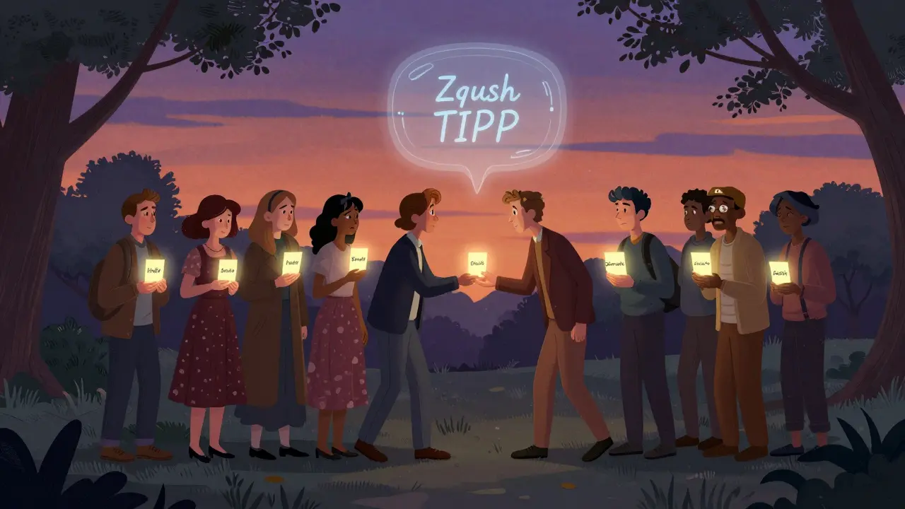 Skupina lidí v parku drží karty s emocemi, jeden pomáhá druhému, nad nimi se objevuje jemný AI návrh 'Zkus TIPP'.