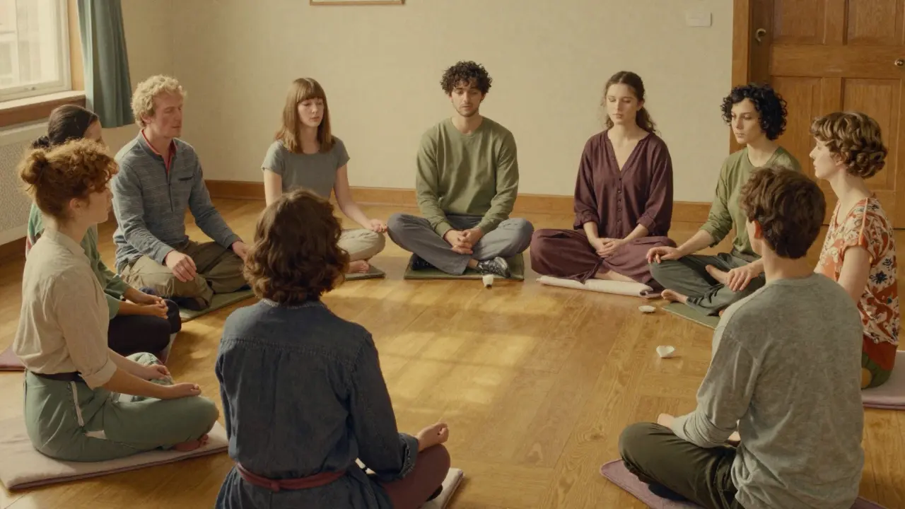 Skupina na mindfulness terapii s cvičeními v místnosti.