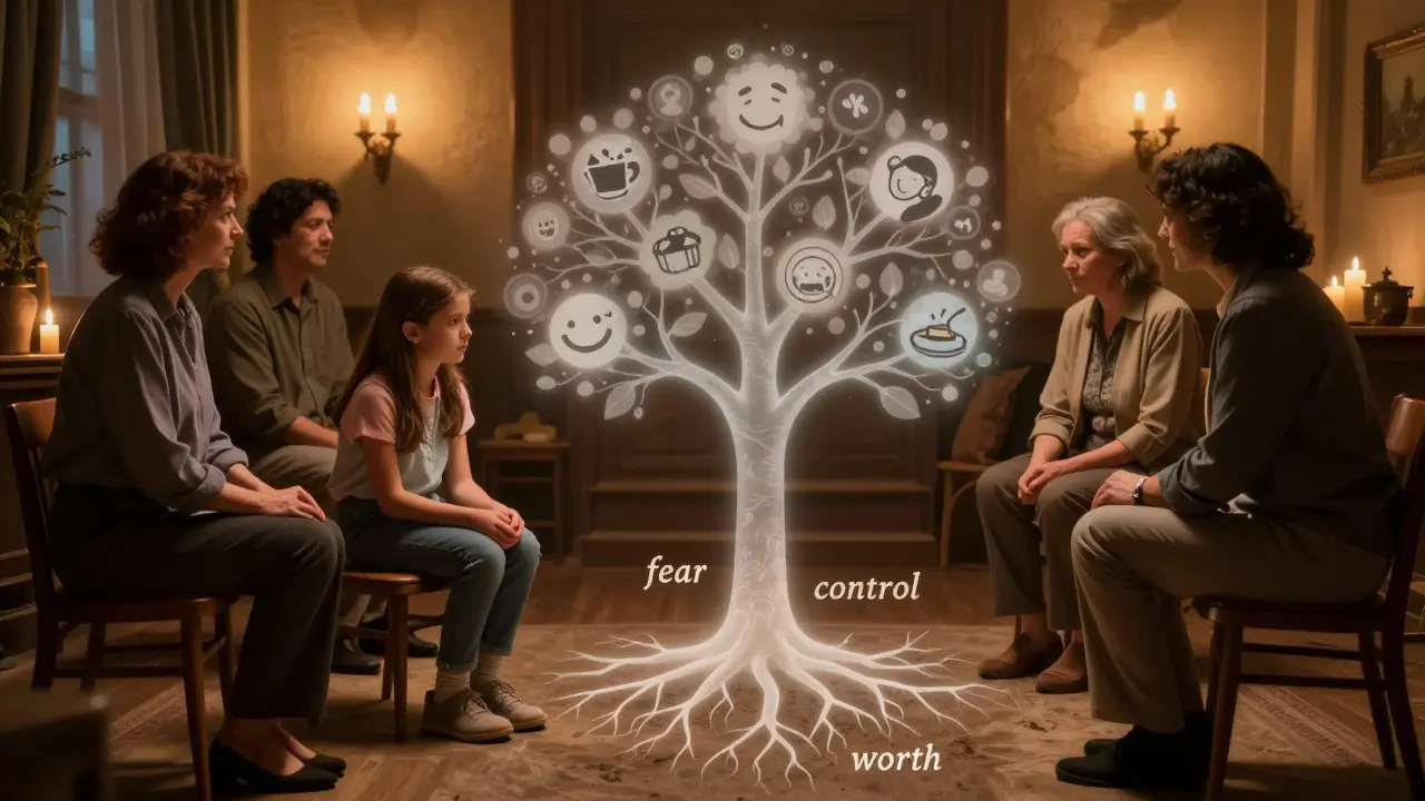 Skupina v terapii: dívka s rodiči a terapeutem, strom s kořeny strachu a hodnoty kvete symboly radosti a sdíleného jídla.