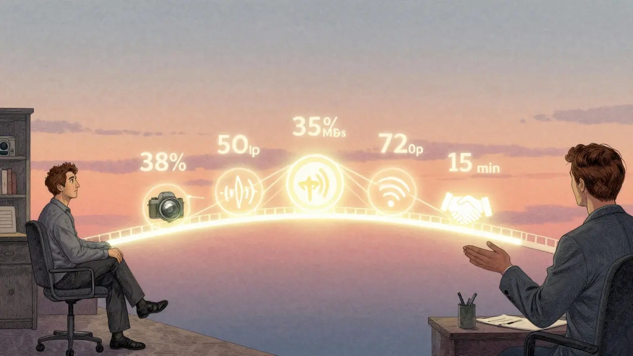 Symbolická představa spojení klienta a terapeuta přes technologii s důrazem na kvalitu připojení.