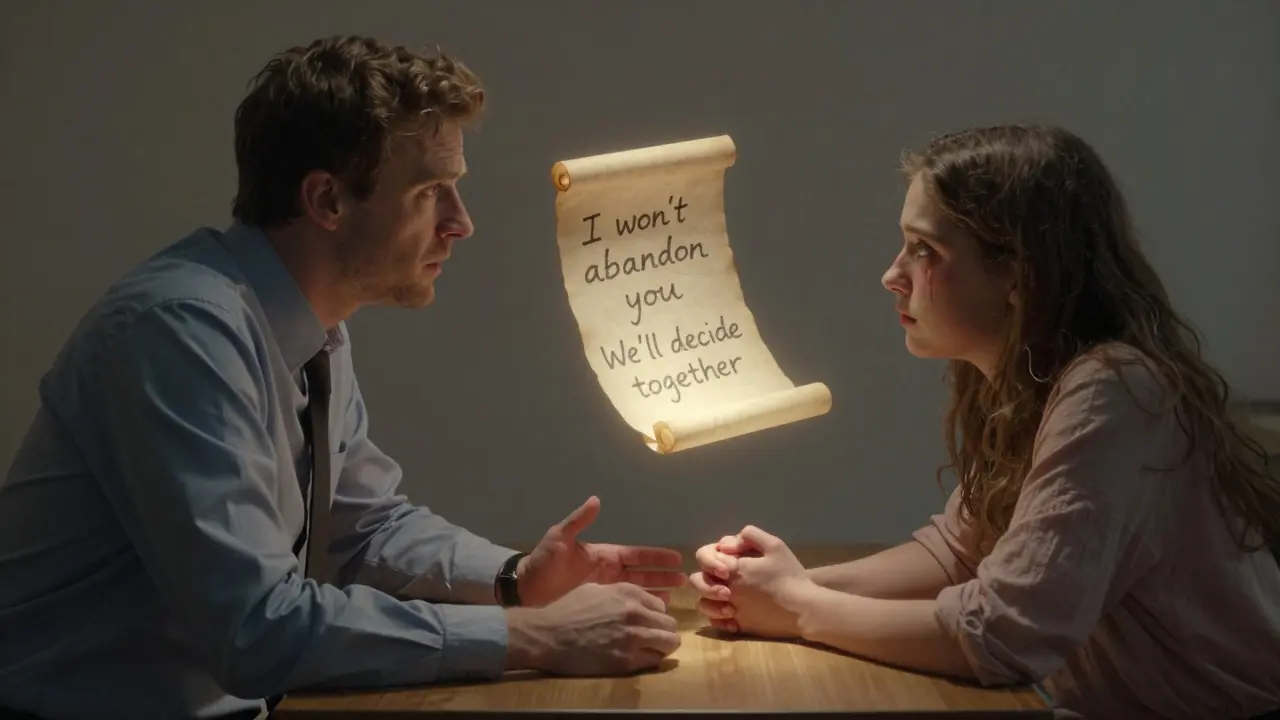 Terapeut a klient během hluboké konverzace o bezpečí, zvýrazněné jemným zářením kolem jejich rukou.