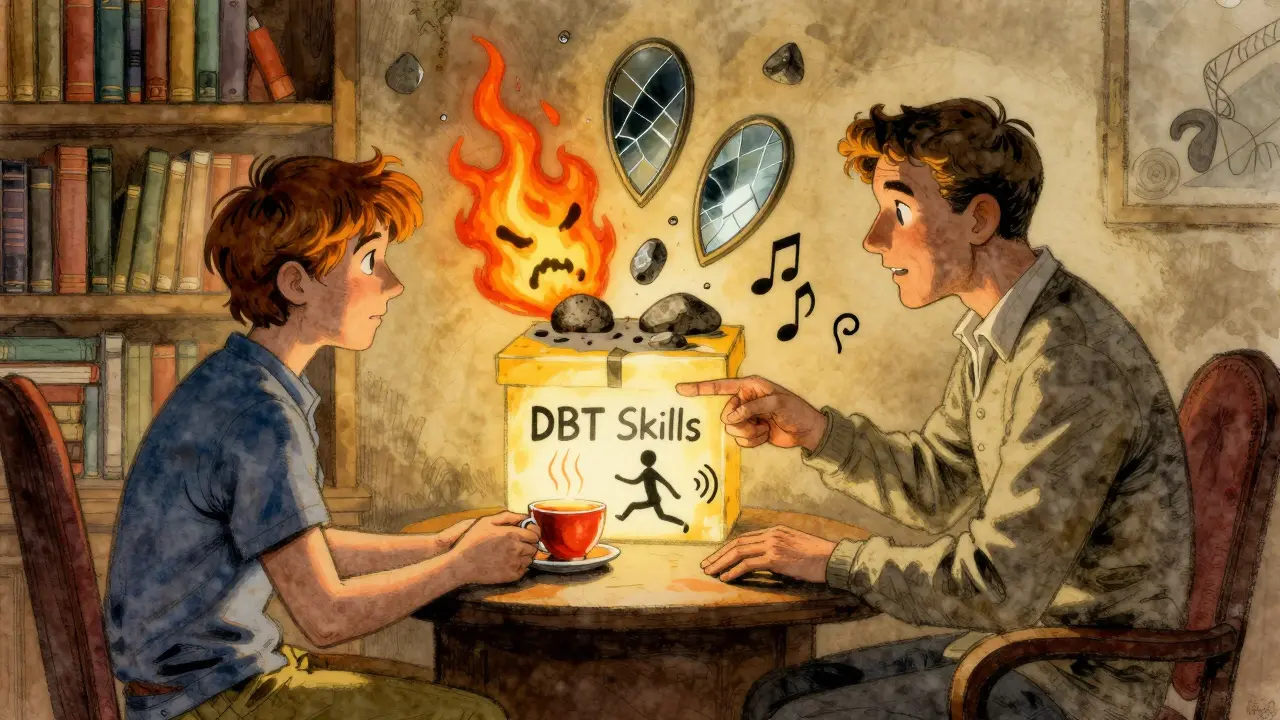 Terapeut a pacient spolu sedí, ukazují na techniky TIPP, zatímco emocionální kousky jsou sbírány do klidné krabice.