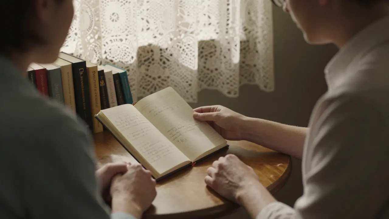 Terapeut a pacient spolu sedí v klidné místnosti, při čtení zápisu — symbolický okamžik vědomí a změny.