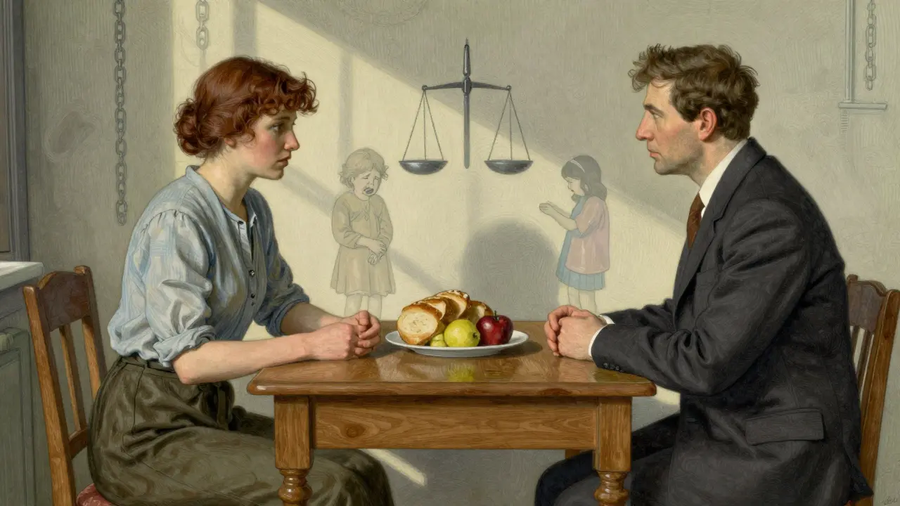 Terapeut a pacientka sedí u stolu, na něm nejeden jídlo, kolem nich vznikají emoce jako průhledné stíny.