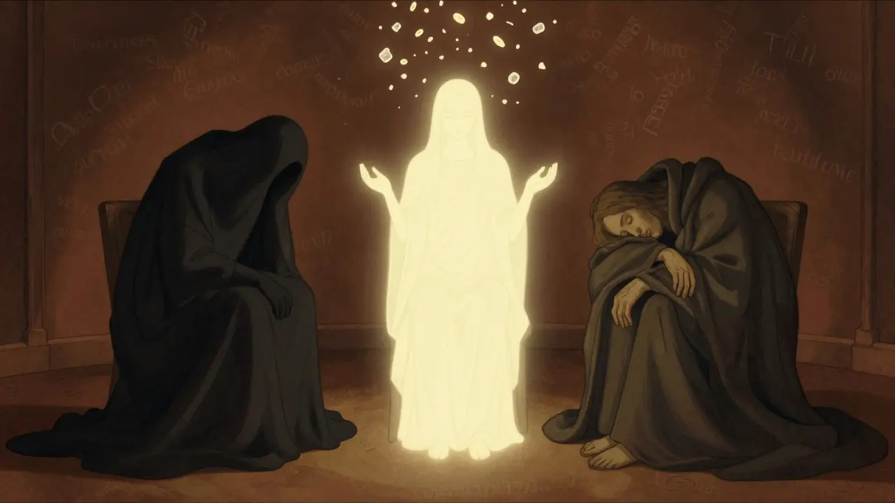 Tři symbolické postavy představující různé typy ticha v terapii: nejistota, plodné přemýšlení a únavu.