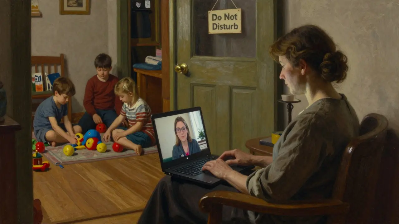 Žena v klidném prostředí vede online terapii, zatímco rodina tichy hraje v pozadí.