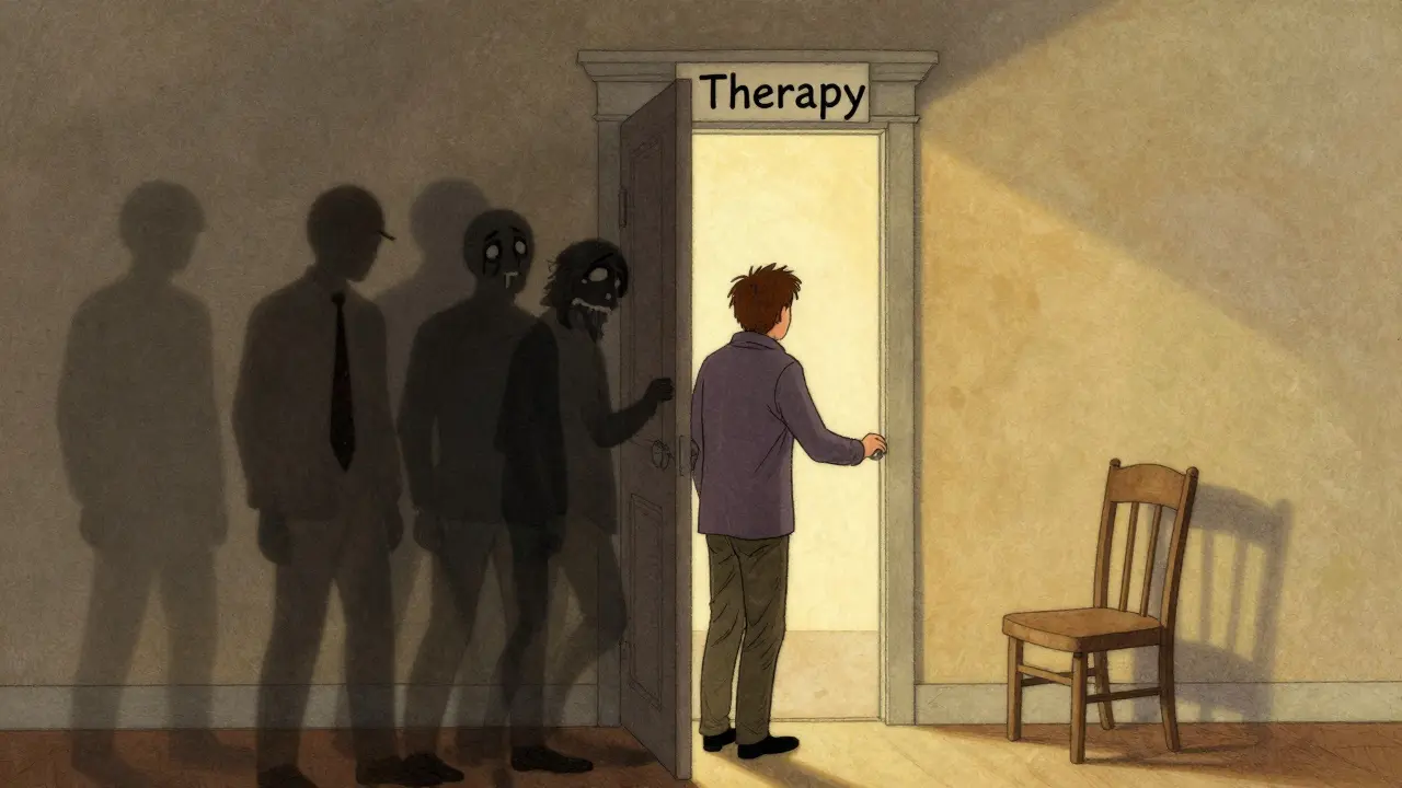 Člověk se zastaví před dveřmi označenými 'Terapie', zatímco stíny starých emocí za ním mizí.