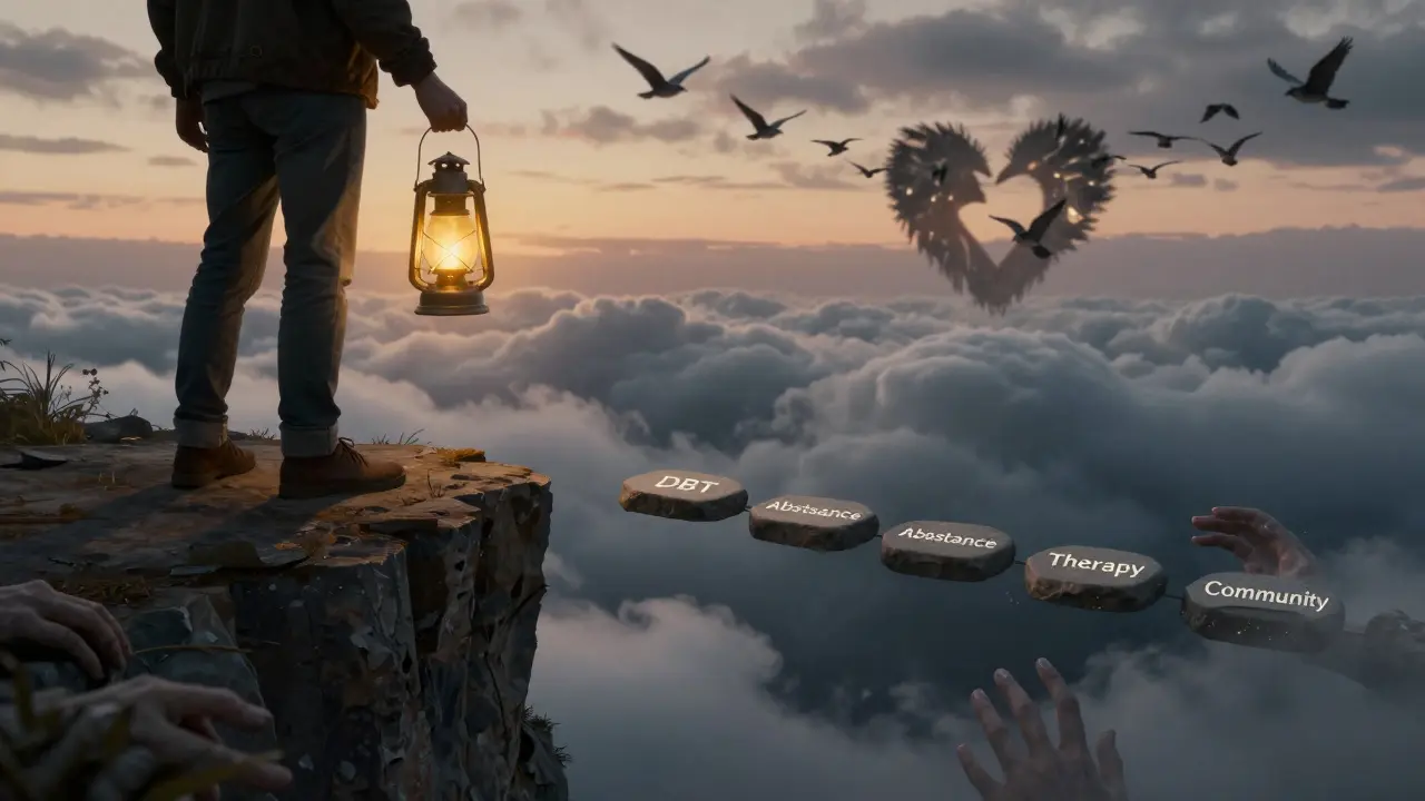 Člověk stojí na okraji útesu, drží lampion, který osvětluje cestu k uzdravení, zatímco za ním vzlétá ptáci ve tvaru srdce.