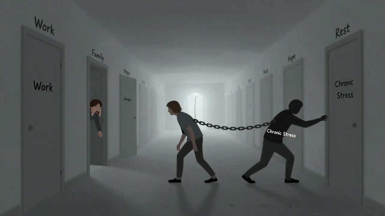 Člověk v mlhavém chodbě s uzavřenými dveřmi, za ním stíny chronického stresu.