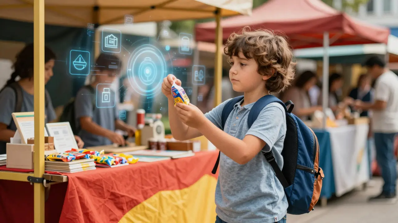 Dítě se samostatně nakupující po úspěšném tréninku.