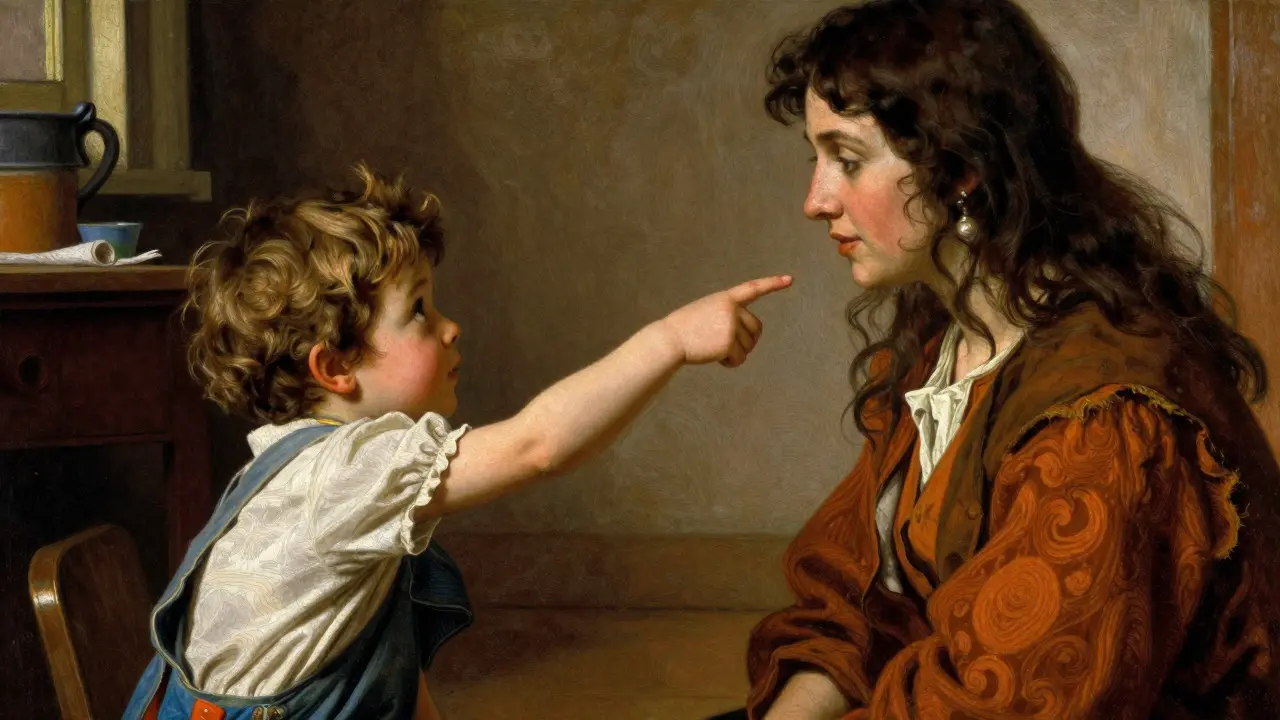 Dítě ukazuje prstem na předmět, rodič se usmívá, okamžik pokroku.