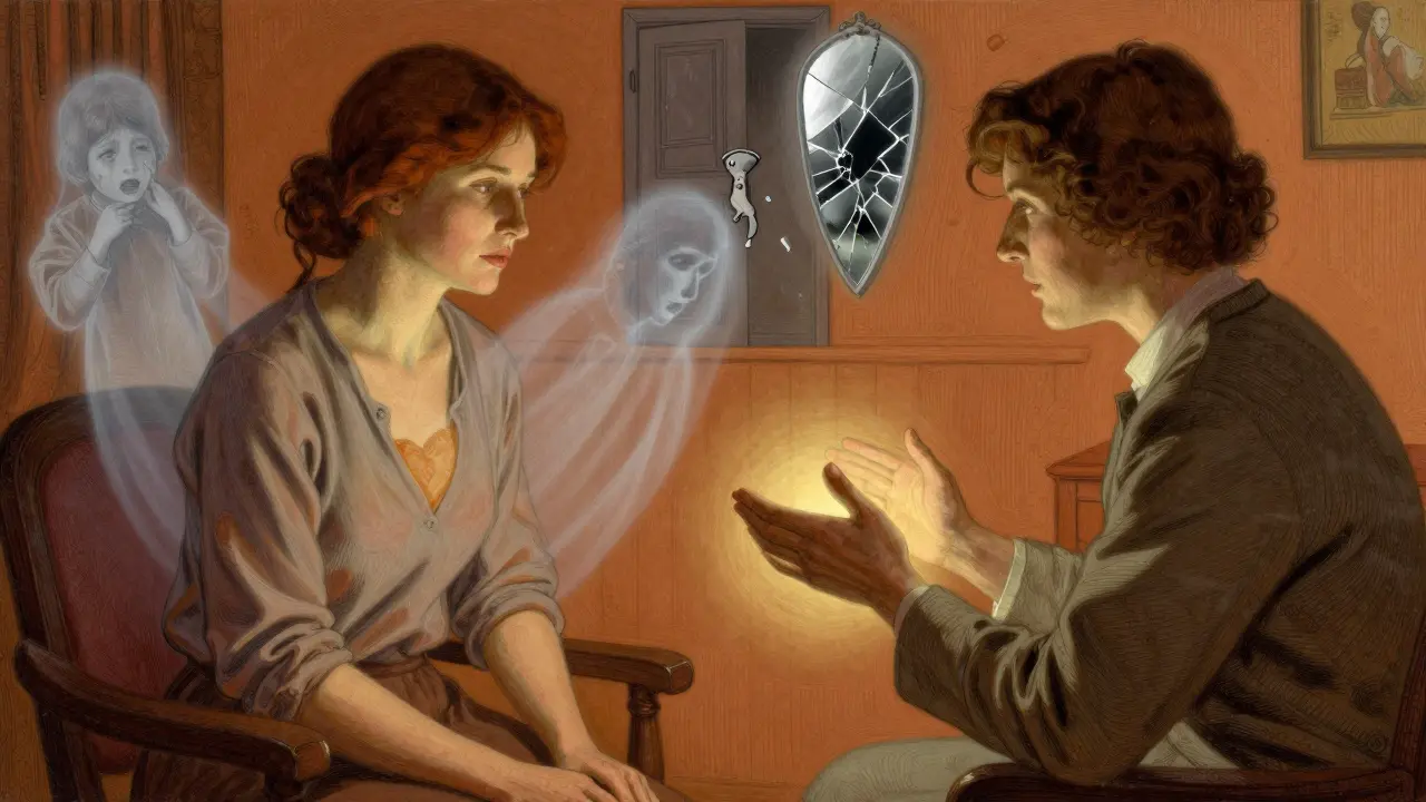 Dospělá žena a terapeut sedí v teplém prostředí, přes něj se vynořují stíny minulosti.