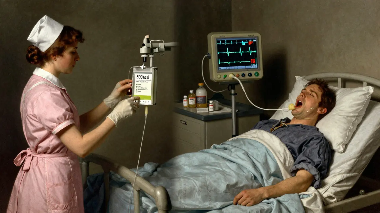 Dvě protikladné scény: opatrná výživa vs. katastrofická závěra způsobená rychlým přiváděním jídla.