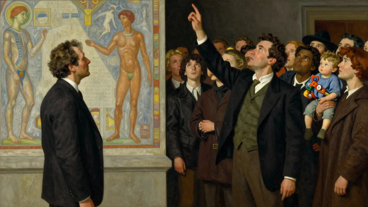 Jung, Adler, and Klein each in their symbolic worlds, dramatic lighting and textured illustration in Howard Pyle style.