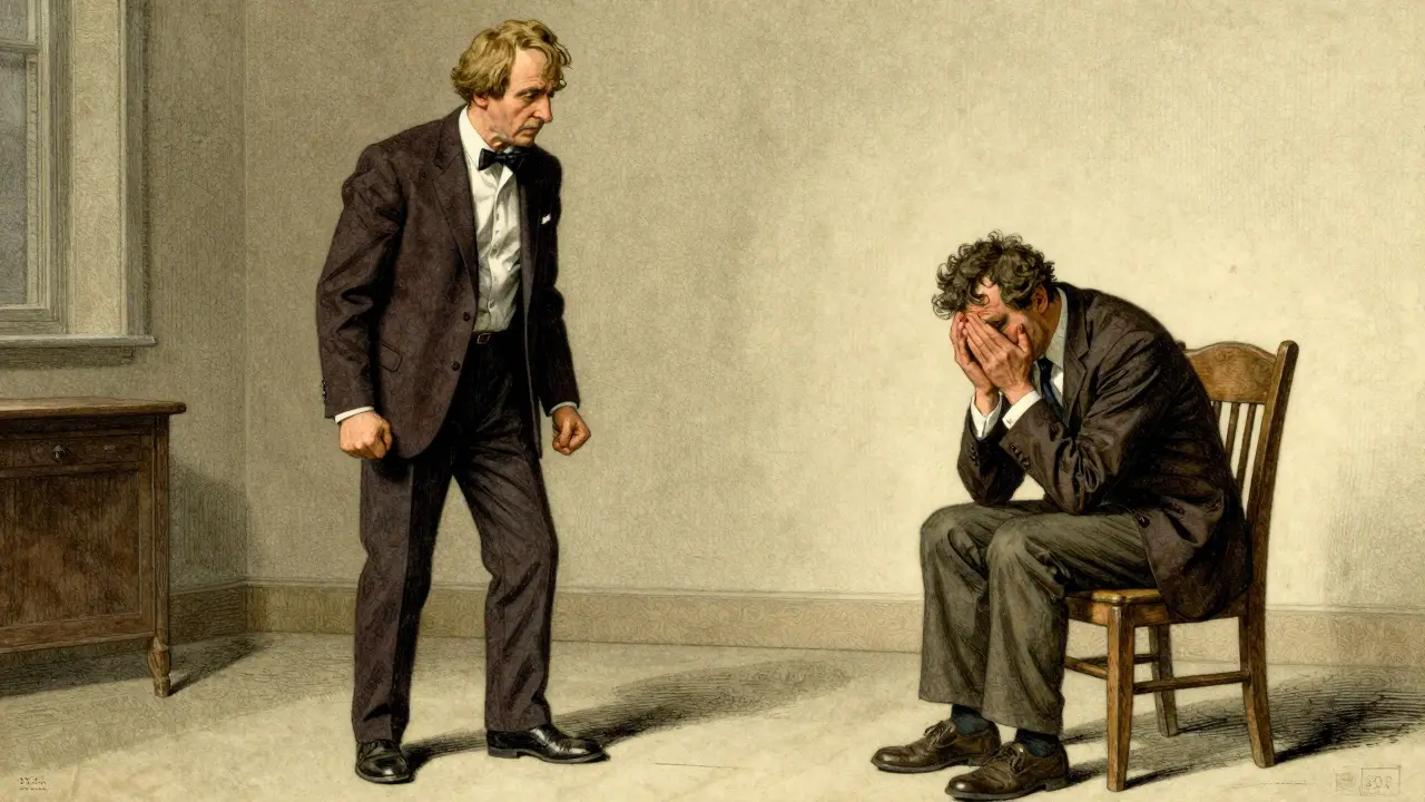 Klient přebírá roli svého otce, zatímco skutečný otec sedí a pláče — napětí mezi nimi je viditelné.