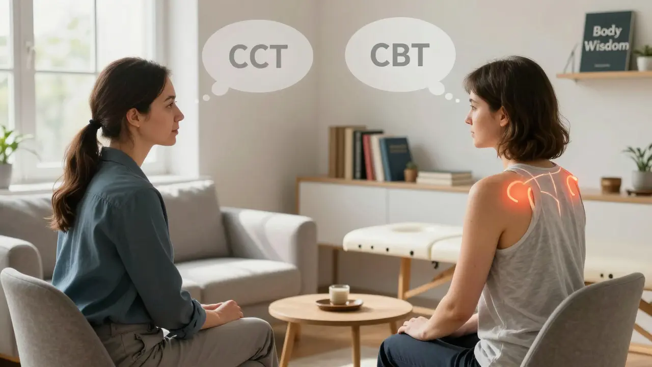 Modern Czech therapist and client with translucent overlays of psychoanalytic, CBT, and body therapy elements, Howard Pyle style.