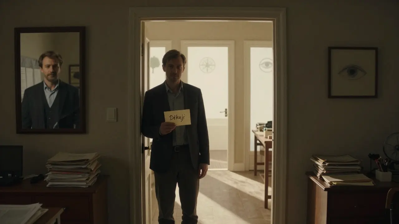 Muž opouští terapeutickou místnost a čekají ho tři nové cesty s jemnými symboly.