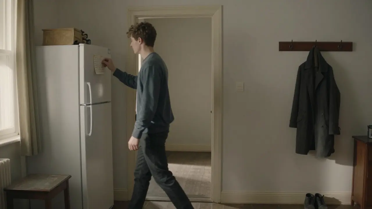 Muž ráno čte nápis na lednici, za ním prázdná místnost minulosti, před ním nový začátek.