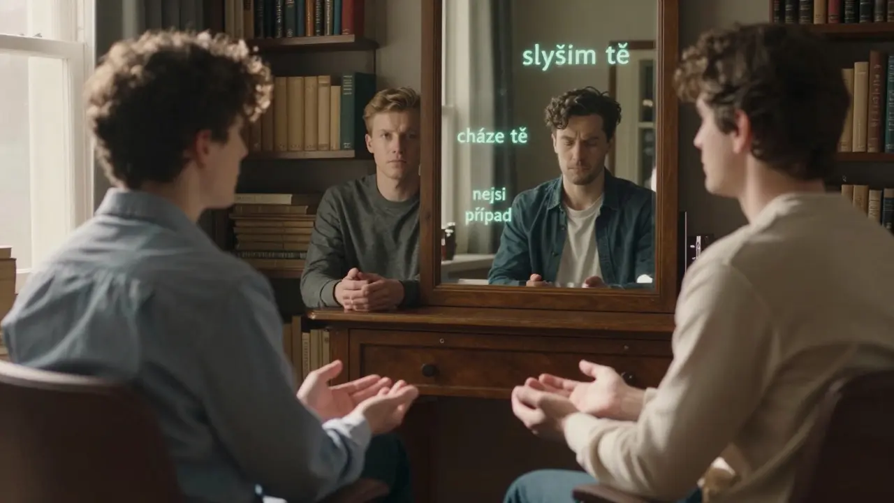 Osoba a terapeut sedí proti sobě, za nimi se v zrcadle odrazí jejich vnitřní stavy.
