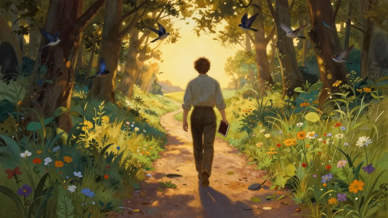 Osoba kráčející do světla s deníkem v ruce