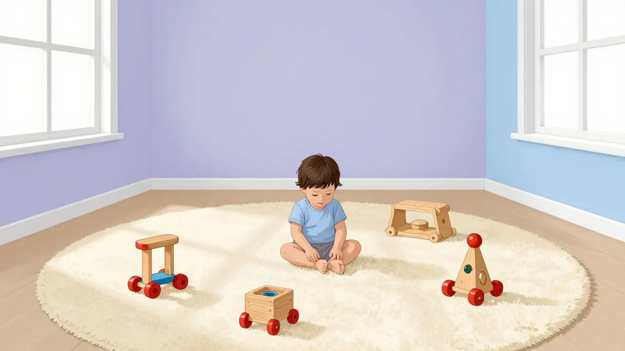 Pohodlná místnost s pastelovými stěnami a pár hračkámi pro terapii dítěte.