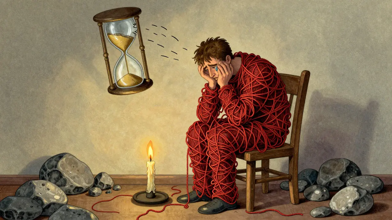 Postava s tělem rozděleným na provazy úzkosti a kameny deprese, svíčka na stole.