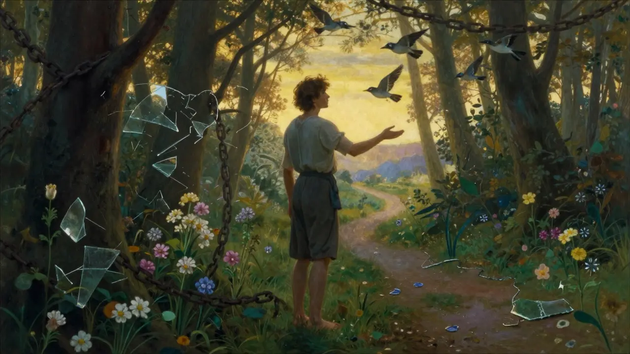 Postava se obrací k úsvitu, za ní zanikají řetězy, vpředu vede cesta plná života.