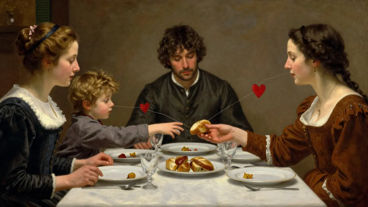 Rodina společně jí, nad každým talířem visí jemná nit spojující jídlo s emocí.