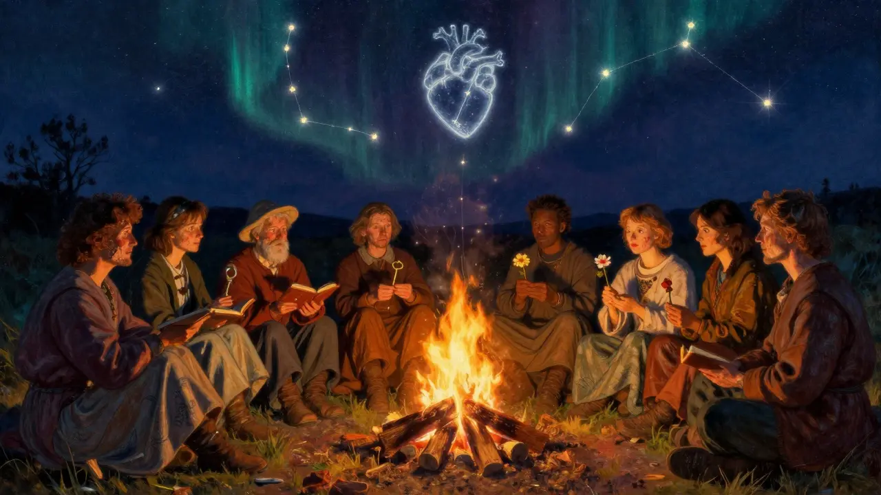 Skupina lidí sedí kolem ohně, drží předměty symbolizující denní vděčnost, nad nimi září srdce z hvězd.