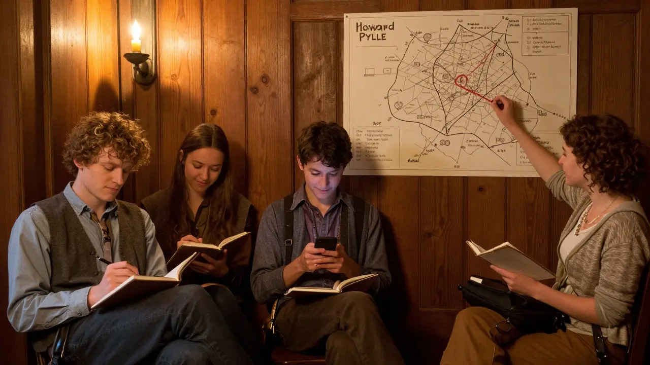 Skupina lidí v teplé místnosti píše a dýchá, kolem nich jsou mapy a noty podpory.