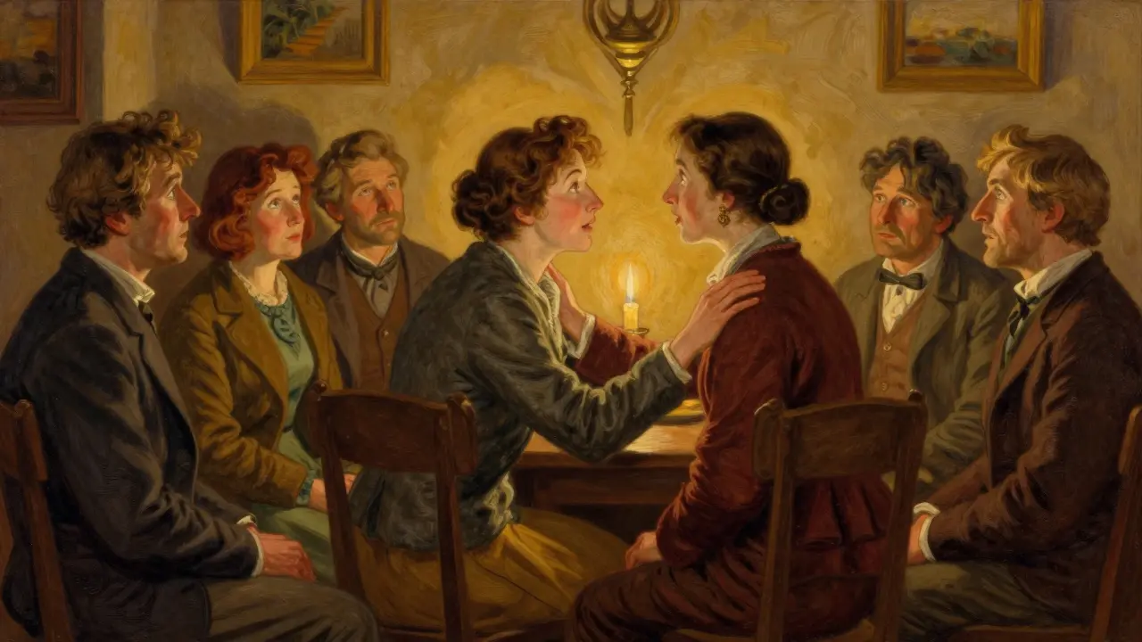 Skupina lidí v teplém prostředí sleduje, jak jedna žena vyjadřuje neřečené city klienta.