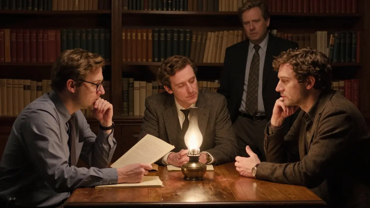 Skupina terapeutů společně diskutuje o případech pod vedením supervizora.