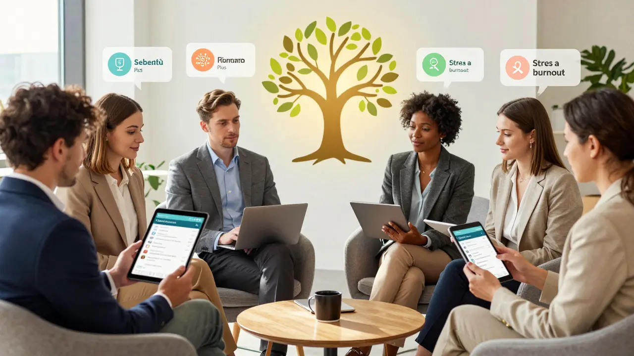 Skupina zaměstnanců v kanceláři používá telefonní aplikace k aktivaci terapeutických programů, zatímco symbolické ikony terapie plavou kolem nich.