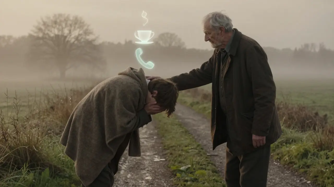 Starý muž klade ruku na rameno mladého člověka, mezi nimi plavou symboly jednoduchého štěstí.