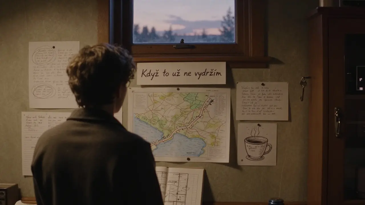 Stěna s vlastními záchrannými kroky: jména, cesta k jezírku, káva a zámek na léky — vše připraveno pro krizi.