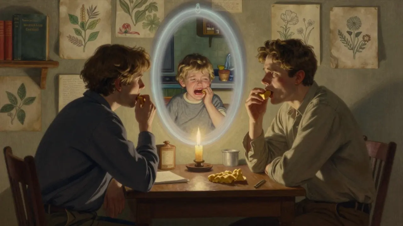 Terapeut a pacient sedí u stolu, nad talířem se objevuje zrcadlo odhalující dětskou vzpomínku.