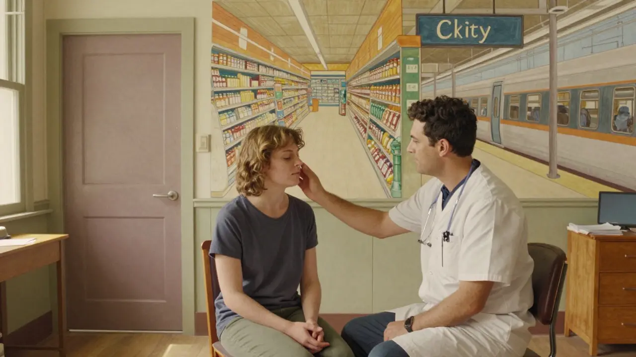 Terapeut a pacientka spolu dýchají, za nimi se postupně objevují scény terapie.