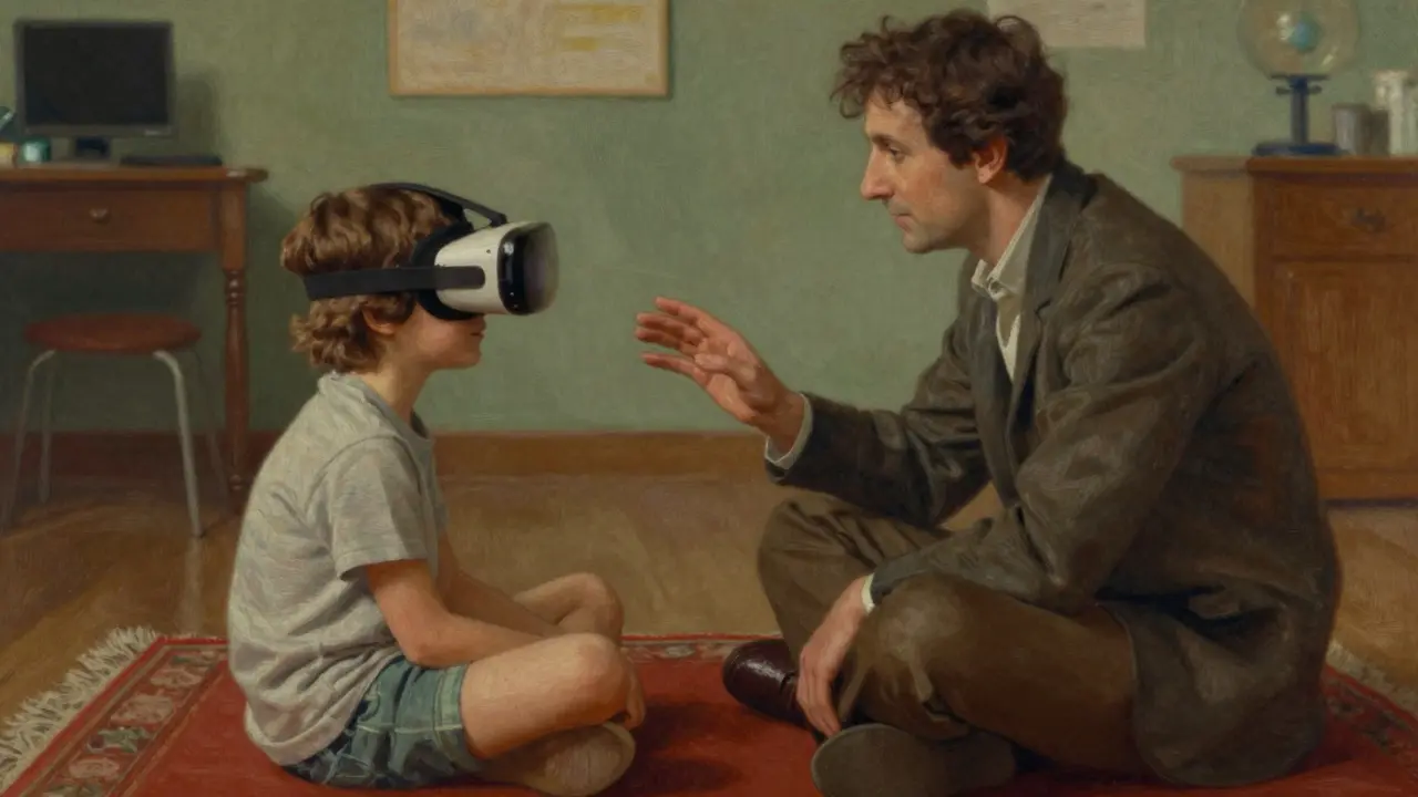 Terapeut vedoucí dítě během lekce virtuální reality.