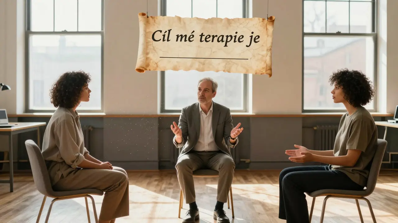 Tři klienti spolu s různými terapeuty, každý s jiným přístupem, v osvětlené místnosti.